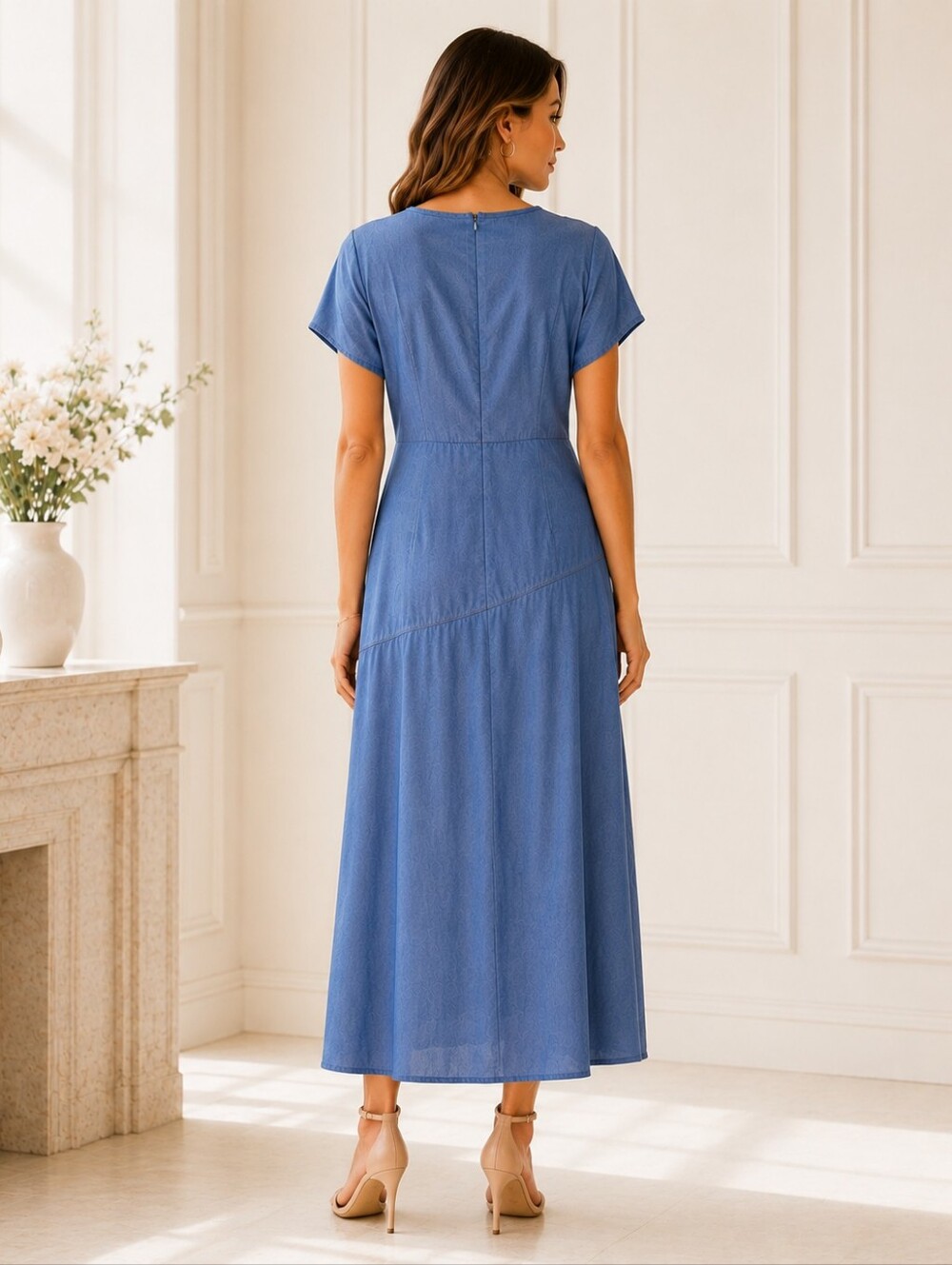 Blue Lyocell High Low Maxi Dress V-Neck Size Medium - Picture 2 of 9
